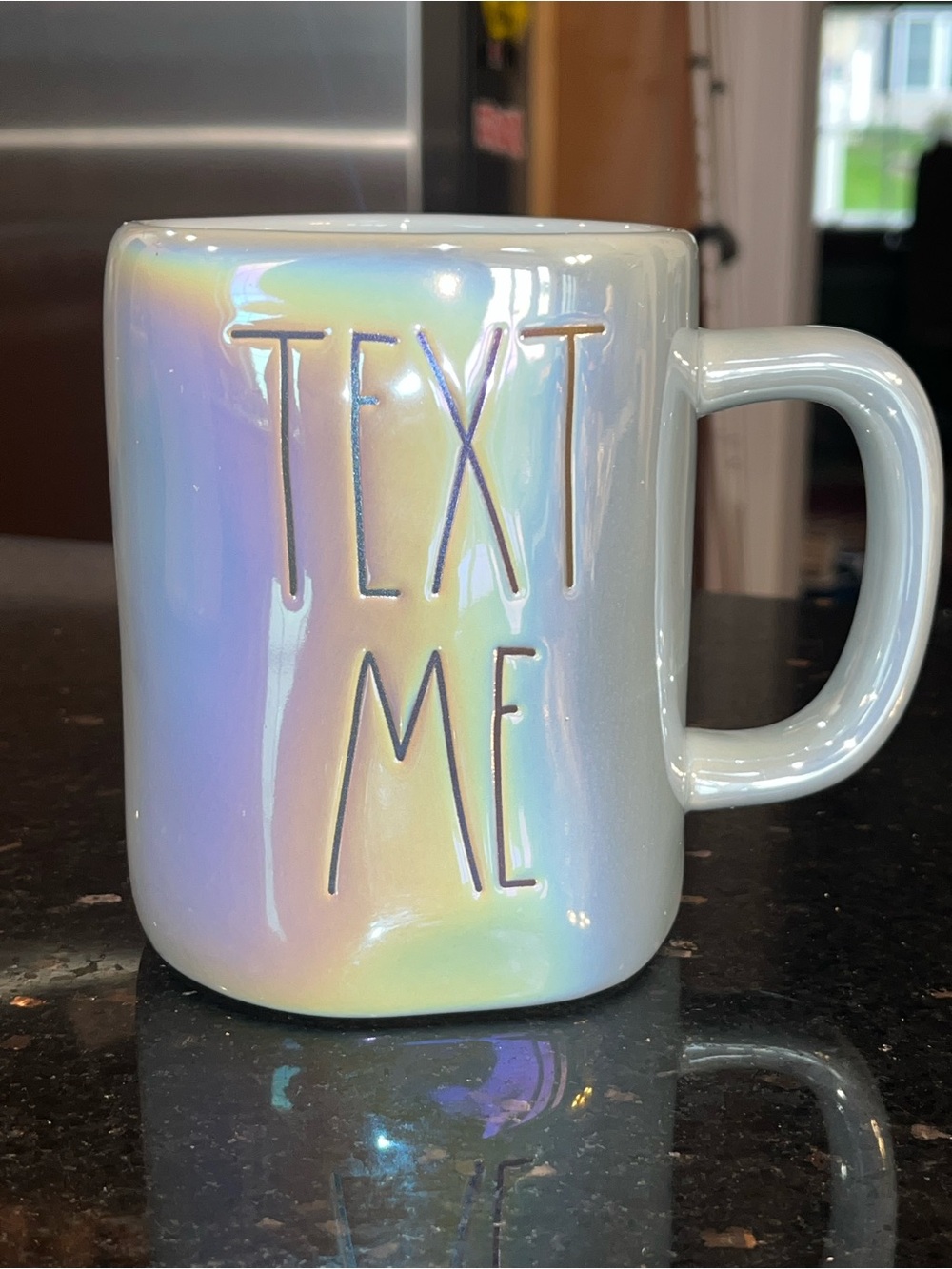 Rae Dunn Iridescent 'Text Me' Ceramic Mug in Light Blue